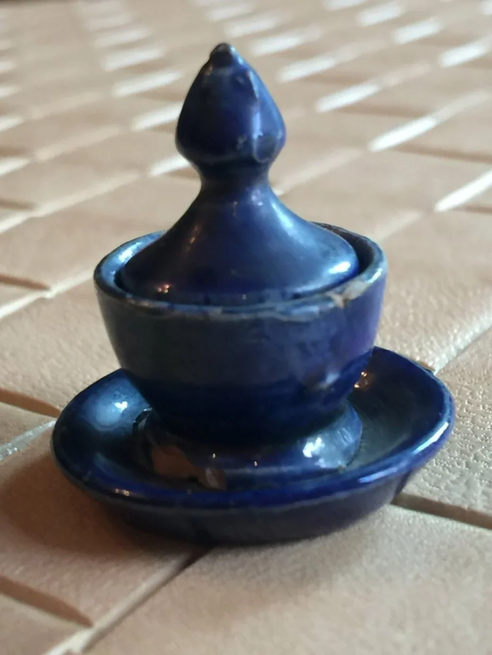 Vintage Japanese Miniature Tea Bowl with Lid Dark Blue 1 1/2